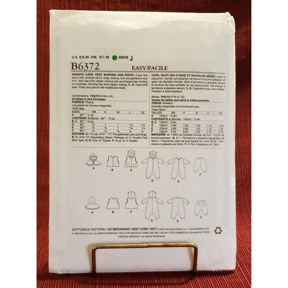 Infant Cape, Vest, Bunting & Pants Sewing Pattern Butterick B6372, Baby Clothes - Picture 3 of 5